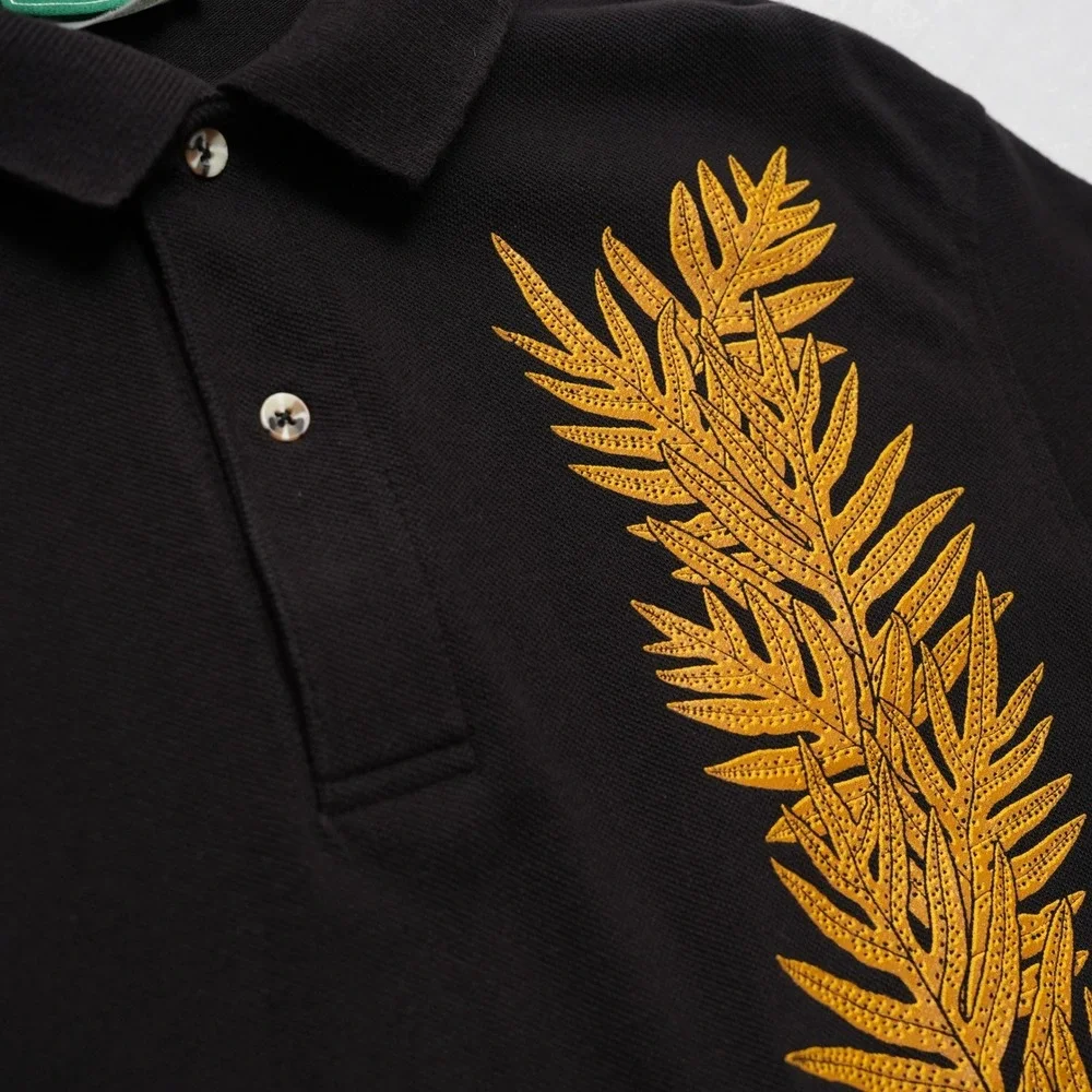 Na Makua Hawaii Polo Mens Medium Black Gold Fern Tropical Aloha Shirt